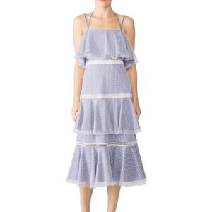 Prabal Gurung Halter Tulle Tiered Midi Maxi Dress Striped Blue Lace Overlay Sz 4